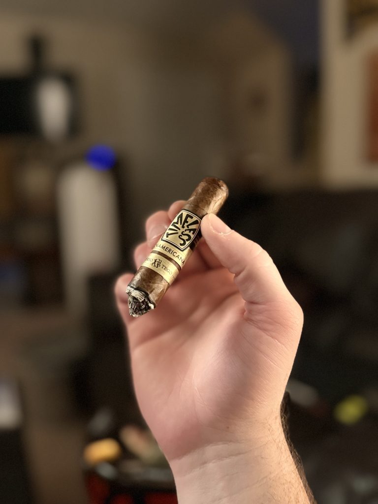 Ferio Tego Timeless Panamericana Epicure held in hand during the smoking session with its band clearly visible.
